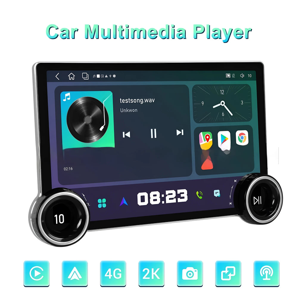 11.8-inch QLED Android car stereo dashboard unit with dual control knobs on screen.