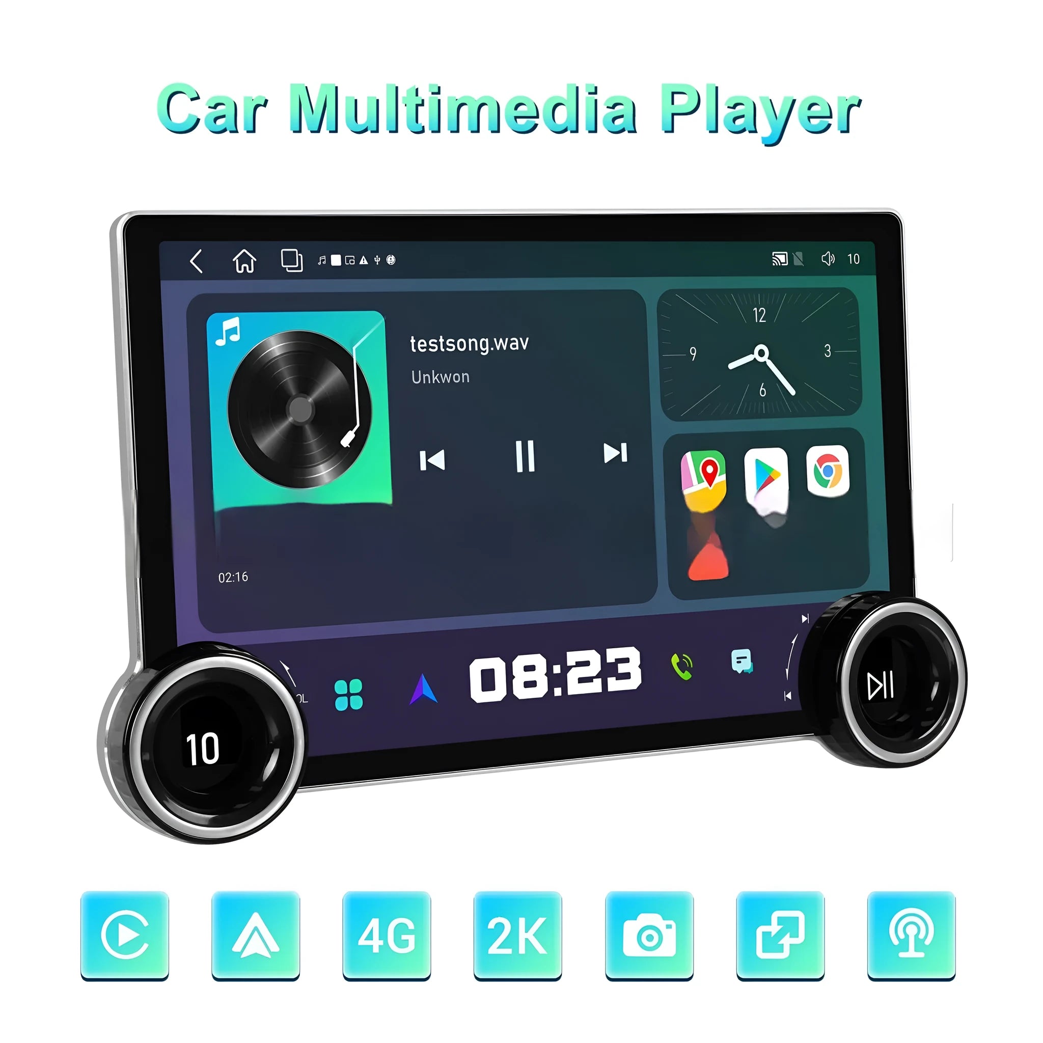 11.8-inch QLED Android car stereo dashboard unit with dual control knobs on screen.