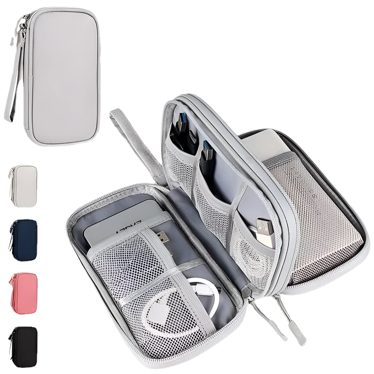 Multifunctional data cable storage bag in black double layer 19x11x5.5cm with power bank and cables inside