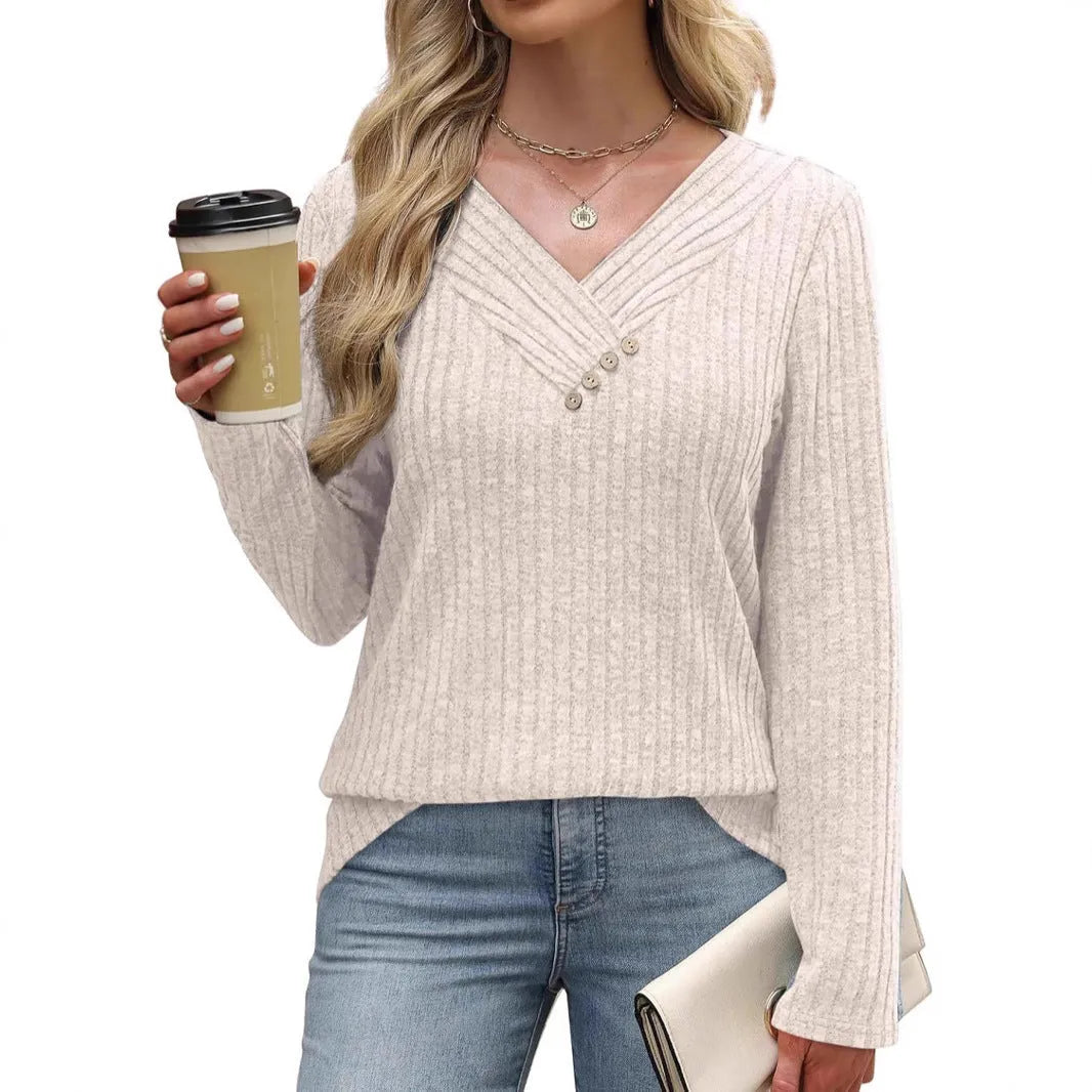 Women's loose fit V-neck pullover top in solid colour with 3D effect pattern, long sleeves, polyester fabric