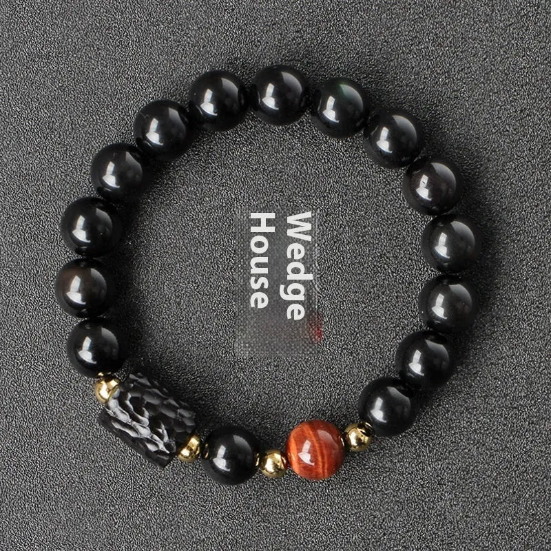 Handmade obsidian bracelet with red and yellow tiger eye stone beads