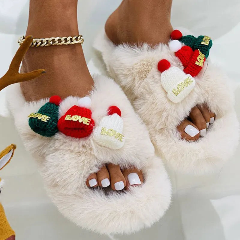 Women's Christmas hat decoration super hairy faux plush slippers in black, khaki, or white on a rubber sole.