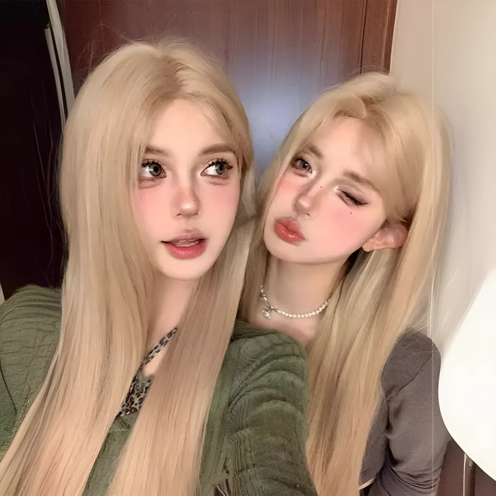 Milk tea gold blonde long straight synthetic wig with high temperature fibre construction