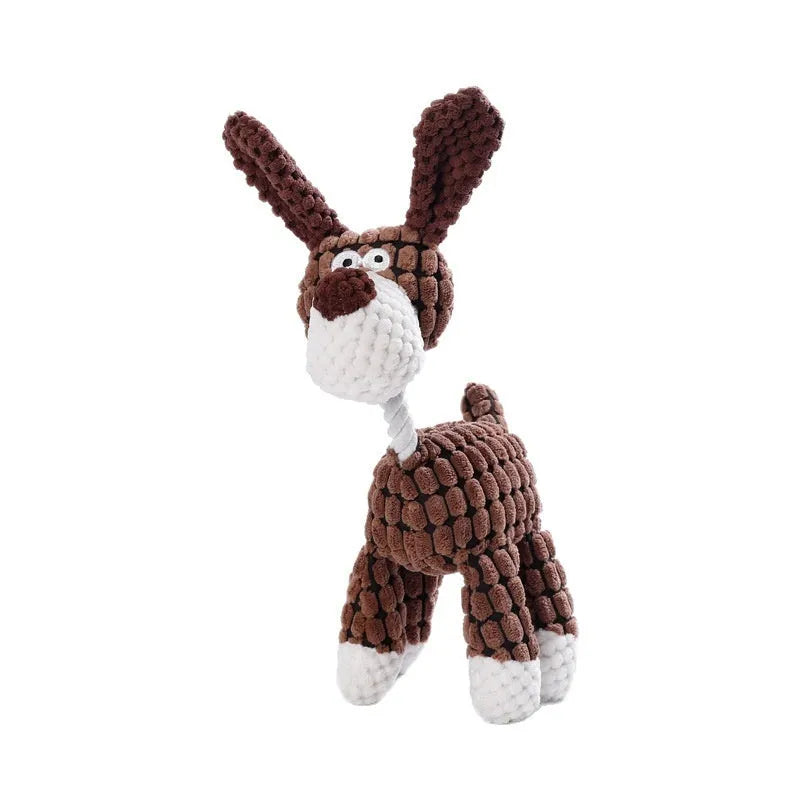 Assorted plush pet toys including a grey donkey, a beige donkey, and a yellow rechargeable duck for puppies.
