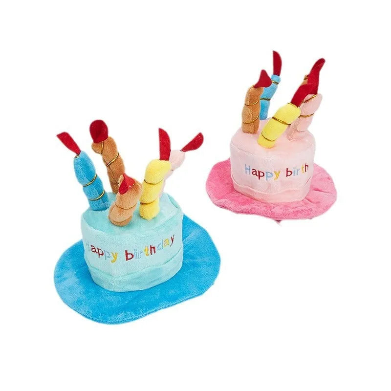 Blue or pink soft fabric birthday hat for toy dogs measuring 21cm wide