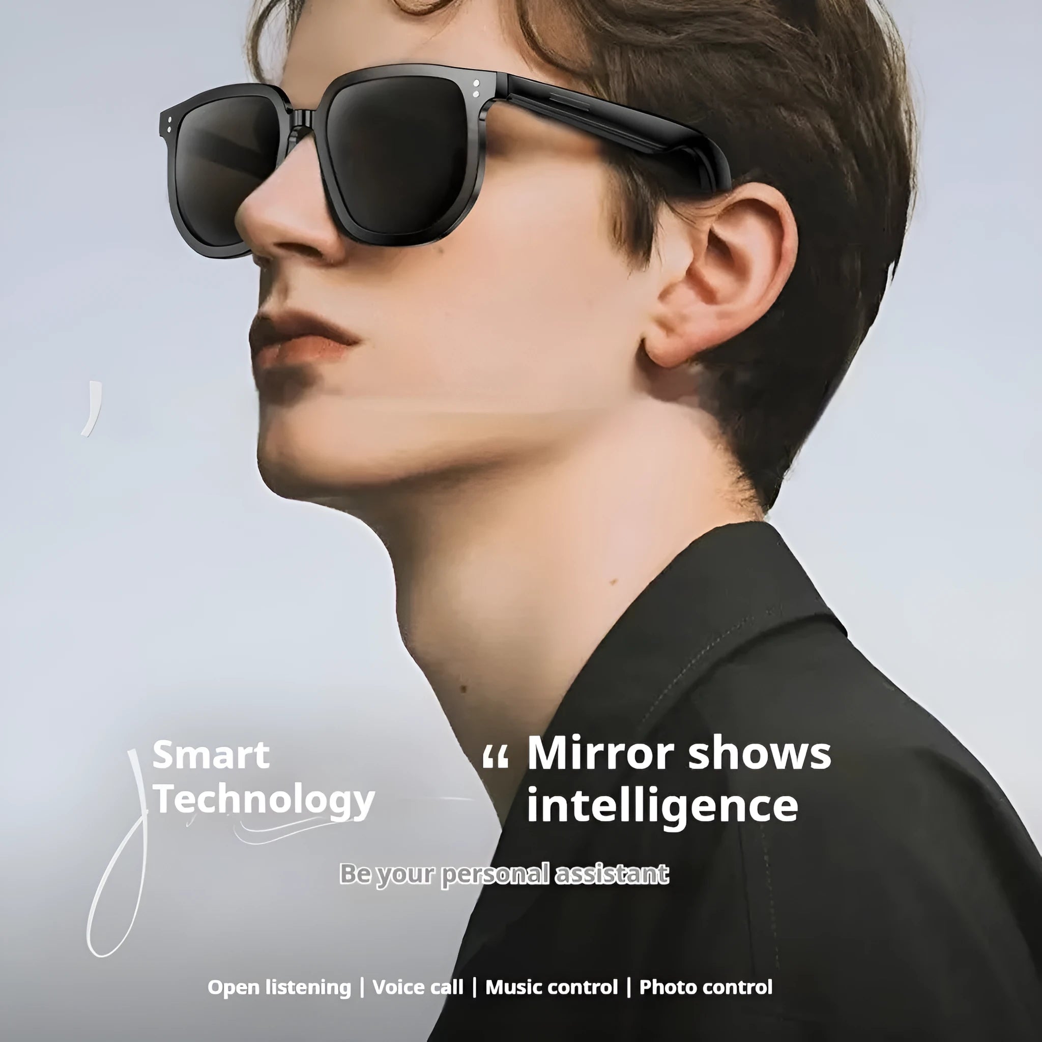 Black AI smart glasses with Bluetooth audio, touch controls, and UV protection lenses.