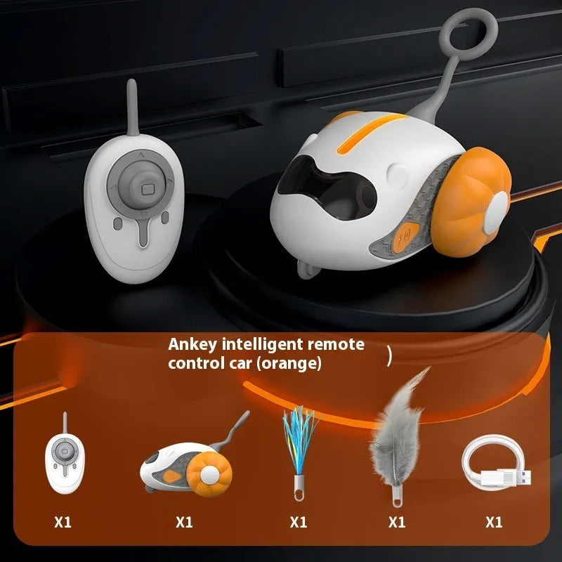 Charging cat teaser remote control toy with replaceable feather attachments in blue and orange colour options