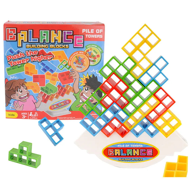 Plastic balancing stacking game with 16 colourful blocks and chassis for family entertainment
