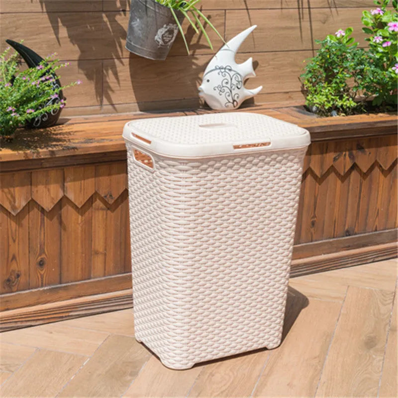 Plastic rattan woven laundry basket in beige color 44x34x62cm polypropylene