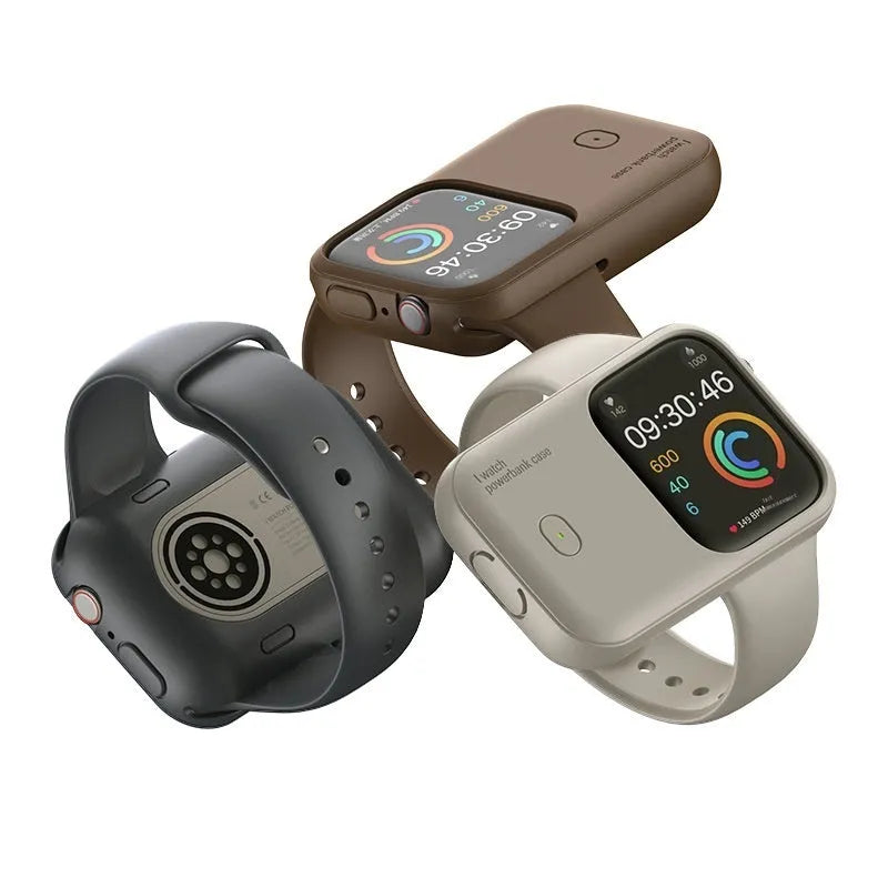 Apple Watch portable wireless charging power bank case with silicone cover in brown, midnight blue, or starlight.