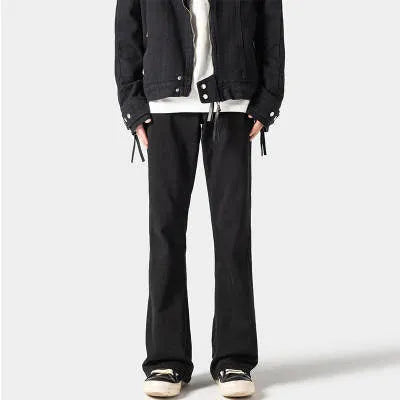 American retro high waist straight leg washed denim pants for teenagers in black with button front fly