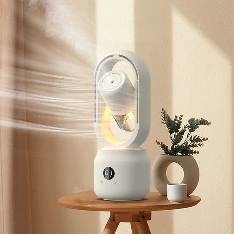 Portable bladeless fan with integrated humidifier, providing a refreshing mist and cooling breeze for indoor and outdoor use