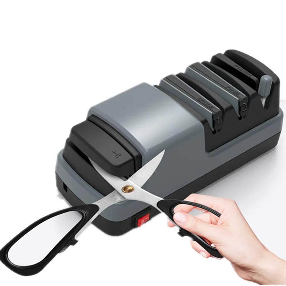 Gray multifunctional electric knife sharpener with diamond wheel and ceramic rod for garden axe and kitchen blades