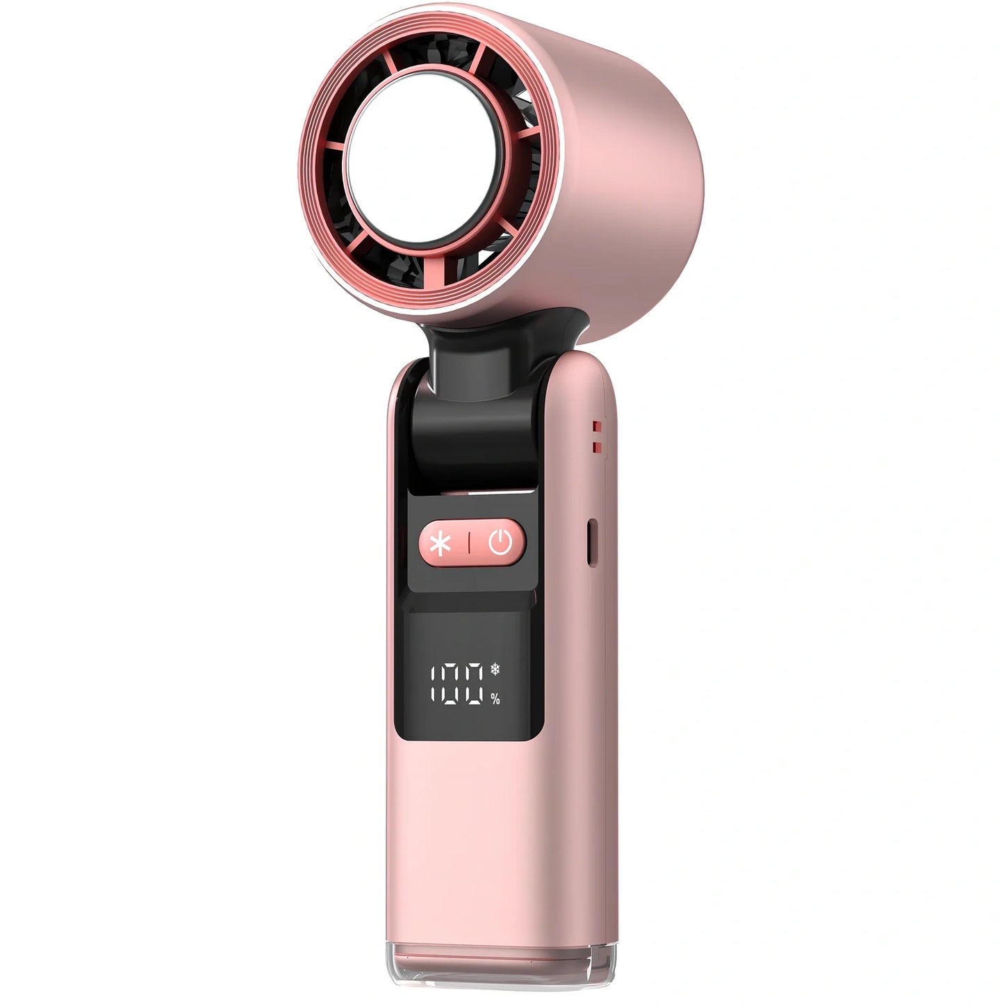 White USB-powered mini turbos fan folded 180° showing digital display and plastic blades, 63x57x176mm for portable camping cooling