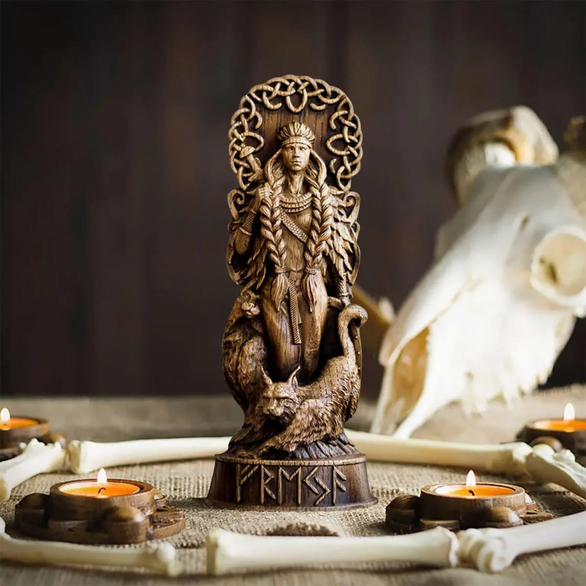 Set of four Norse mythology resin hero statues Odin Thor Freya Loki wood carving style 22 cm tall