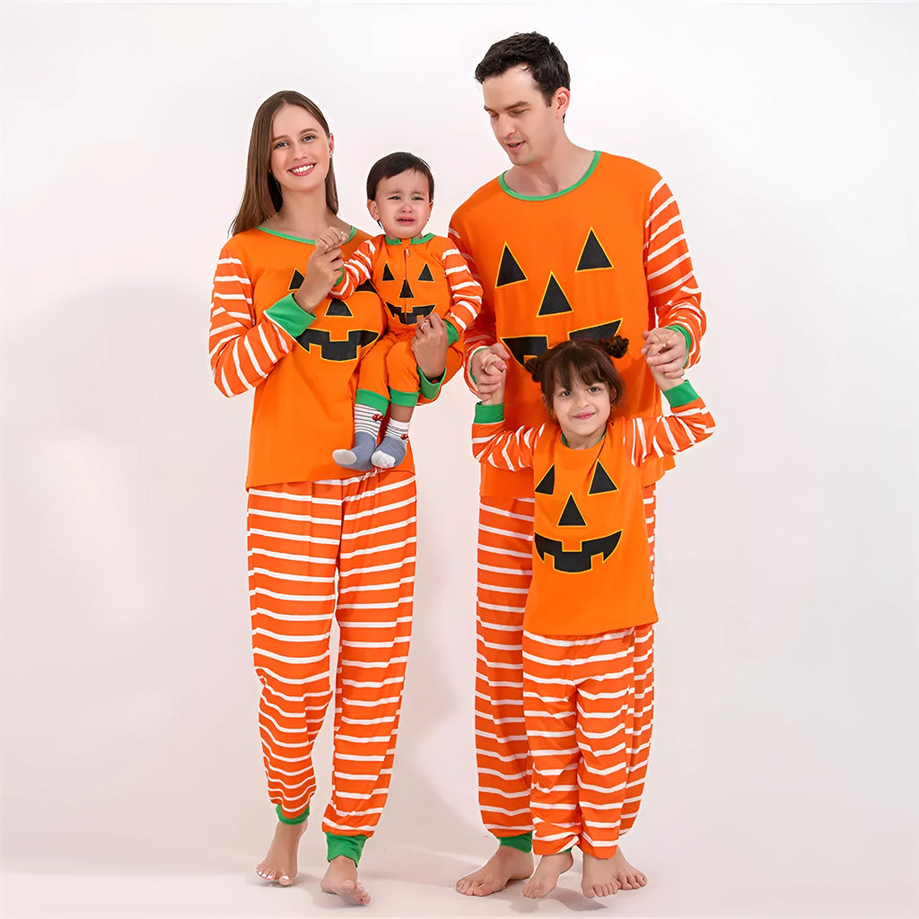 Orange cartoon print polyester family Halloween pajama set for parents and children
