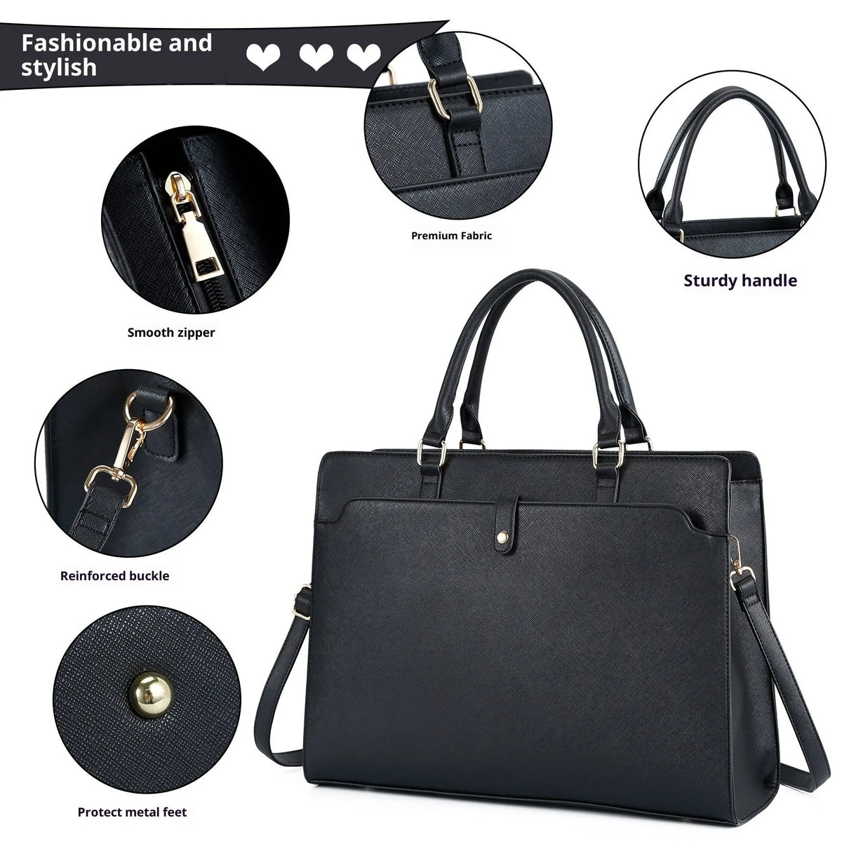 Women's large capacity PU crossbody bag in black, 42x15x32 cm, with crossbody strap, on white background