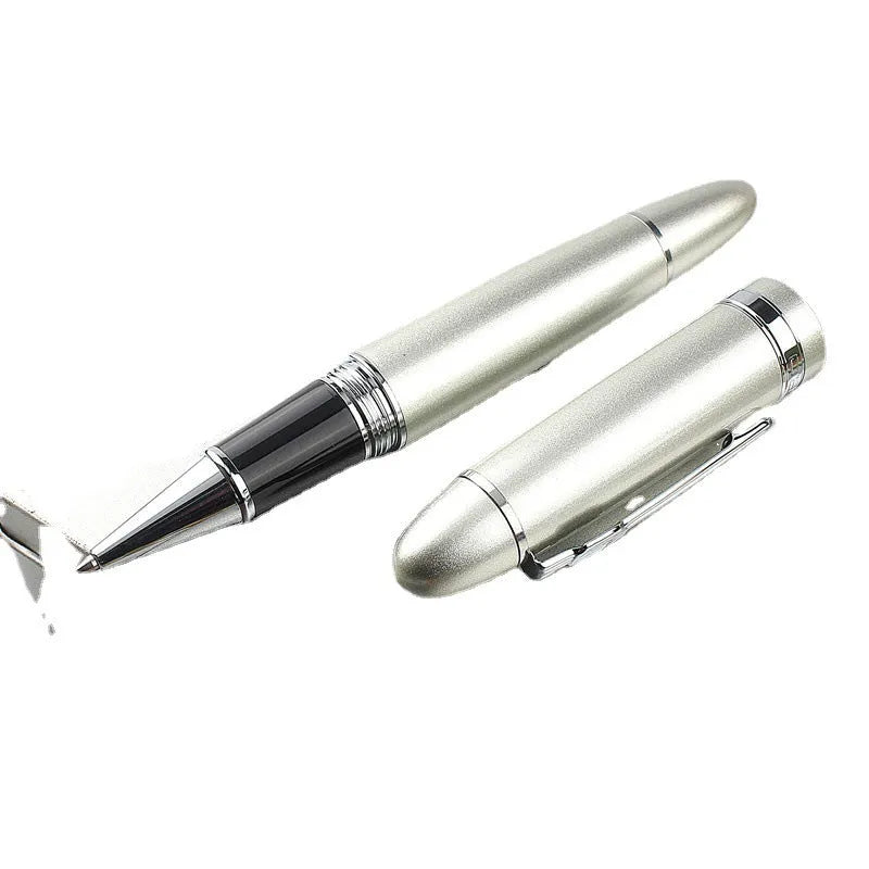 Metal ball pen with pearl beads and gold clip on white background