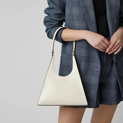 Women's white triangle shoulder handbag with crocodile pattern and magnetic buckle closure