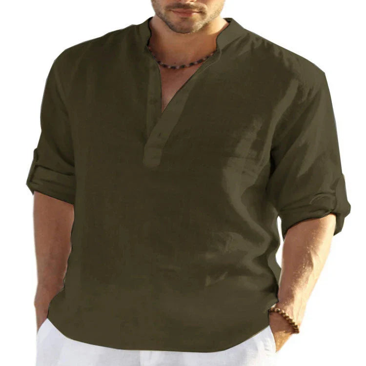 A stylish linen blend long sleeve shirt in various colors, featuring a tailored fit and stand collar design.