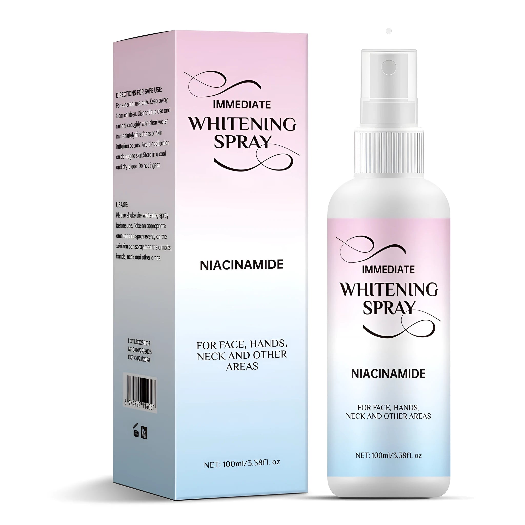 100ml whitening brightening spray bottle with sweat-proof formula for face and body.