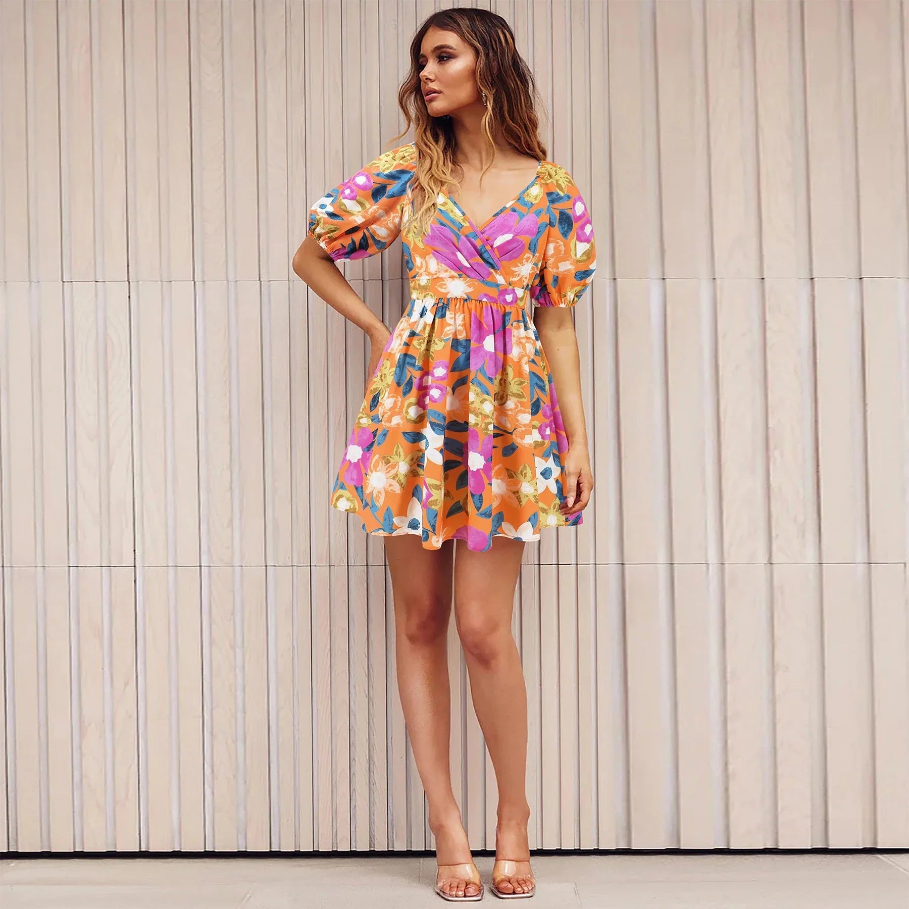 Trendy floral print summer dress with flattering lantern sleeves in vibrant colors