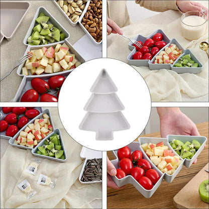 Christmas tree shaped divided fruit platter in pink, grey, blue, and white
