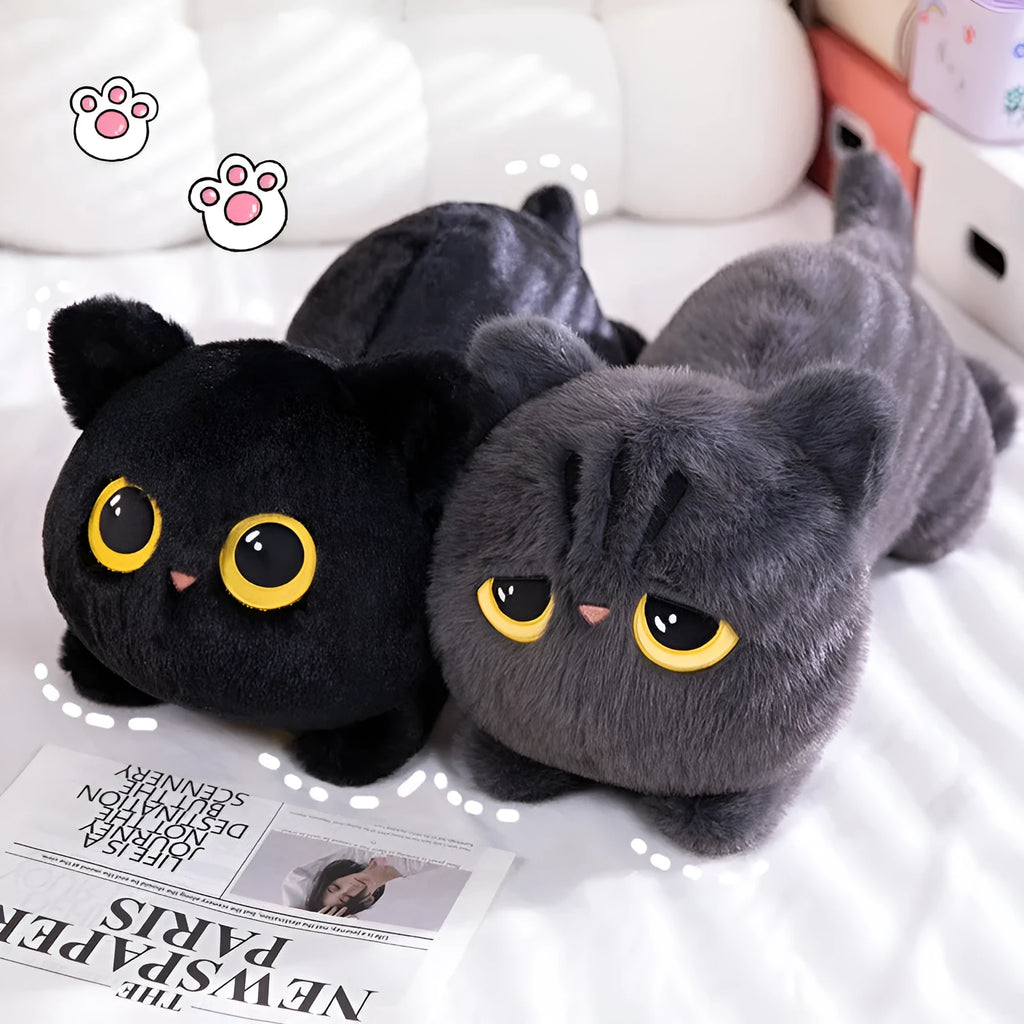Gray cat-shaped plush pillow toy with soft fabric, 70cm height, on a sofa