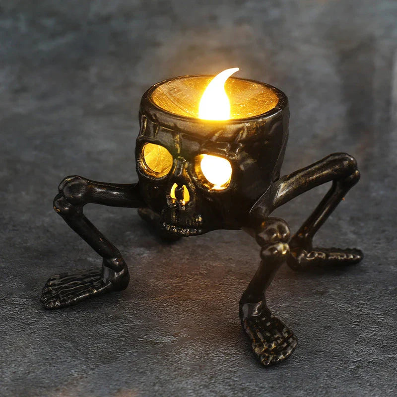 Spooky skull-shaped candle lantern with warm, atmospheric lighting for Halloween decorations