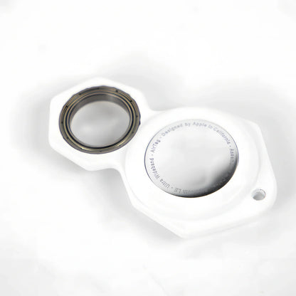White zinc alloy Apple AirTag keychain case with protective cover and swivel keyring