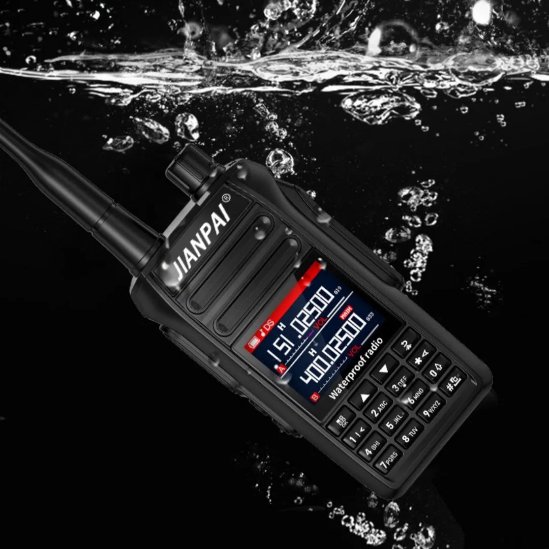 Black waterproof aviation headset with antenna and back clip showing plastic shell construction