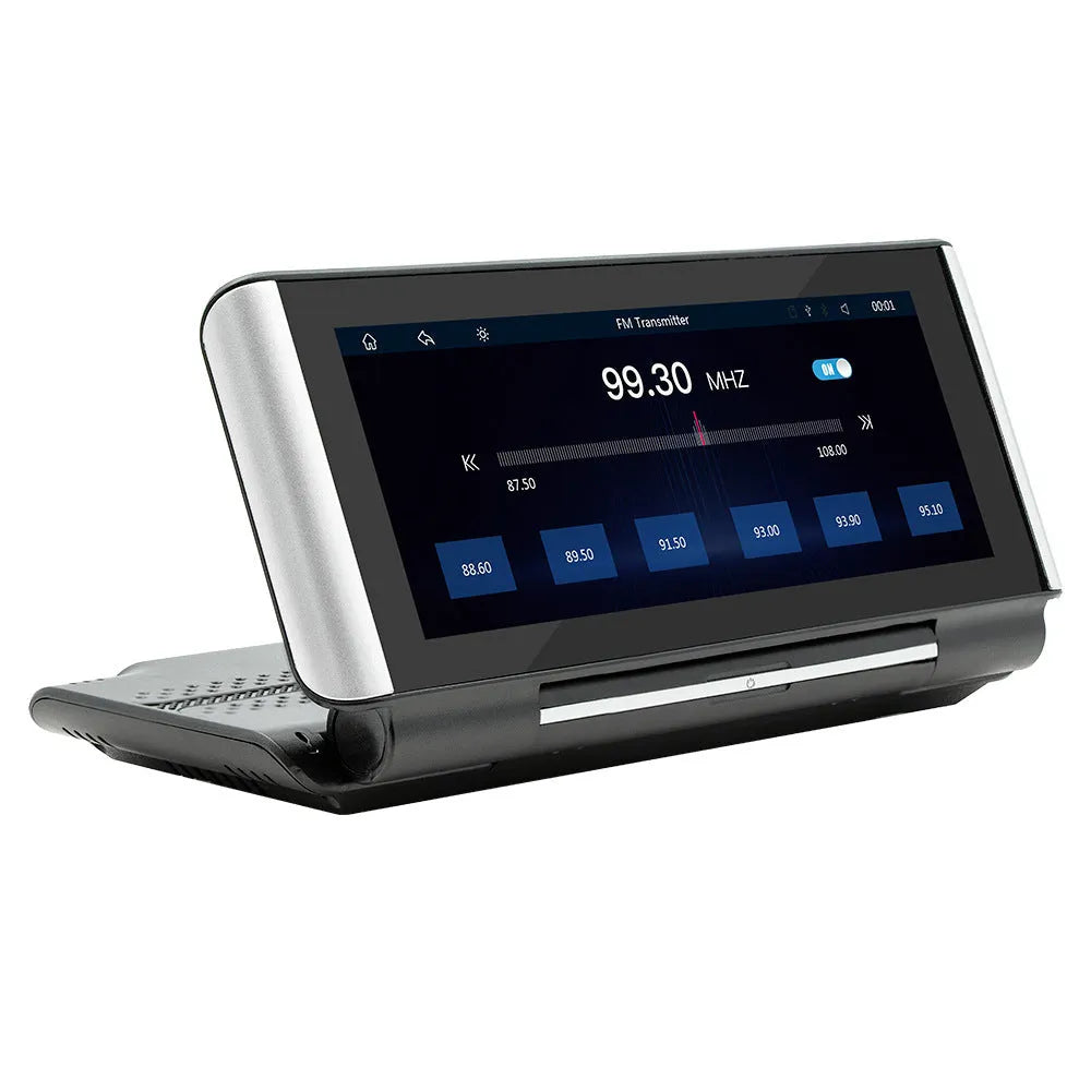 6.86-inch wireless CarPlay MP5 player for car dashboard with cables for power and camera.
