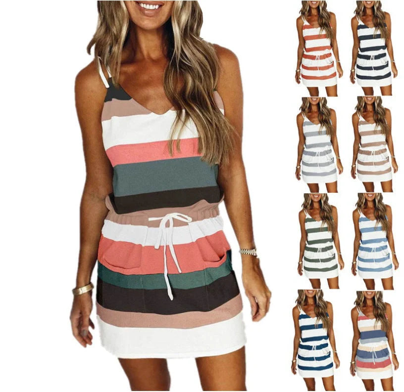 Women's cotton stripe drawstring summer dress with loose waist