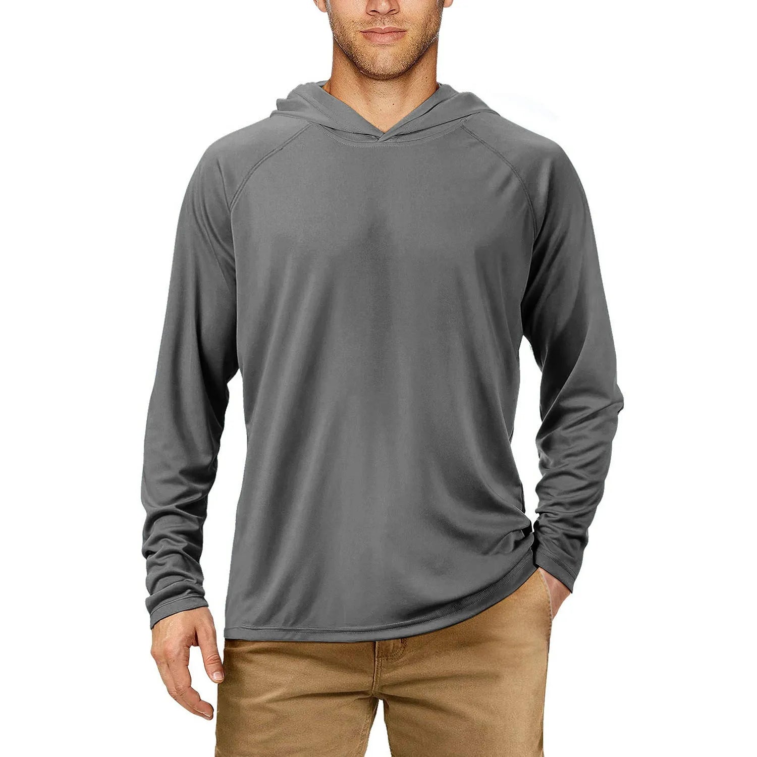 Men's hooded slim-fit sun protection suit in army green colour for outdoor fishing and hiking.