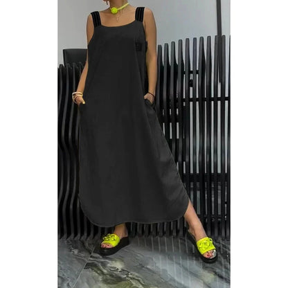 Casual cotton and linen pocket striped shoulder strap skirt in various colours