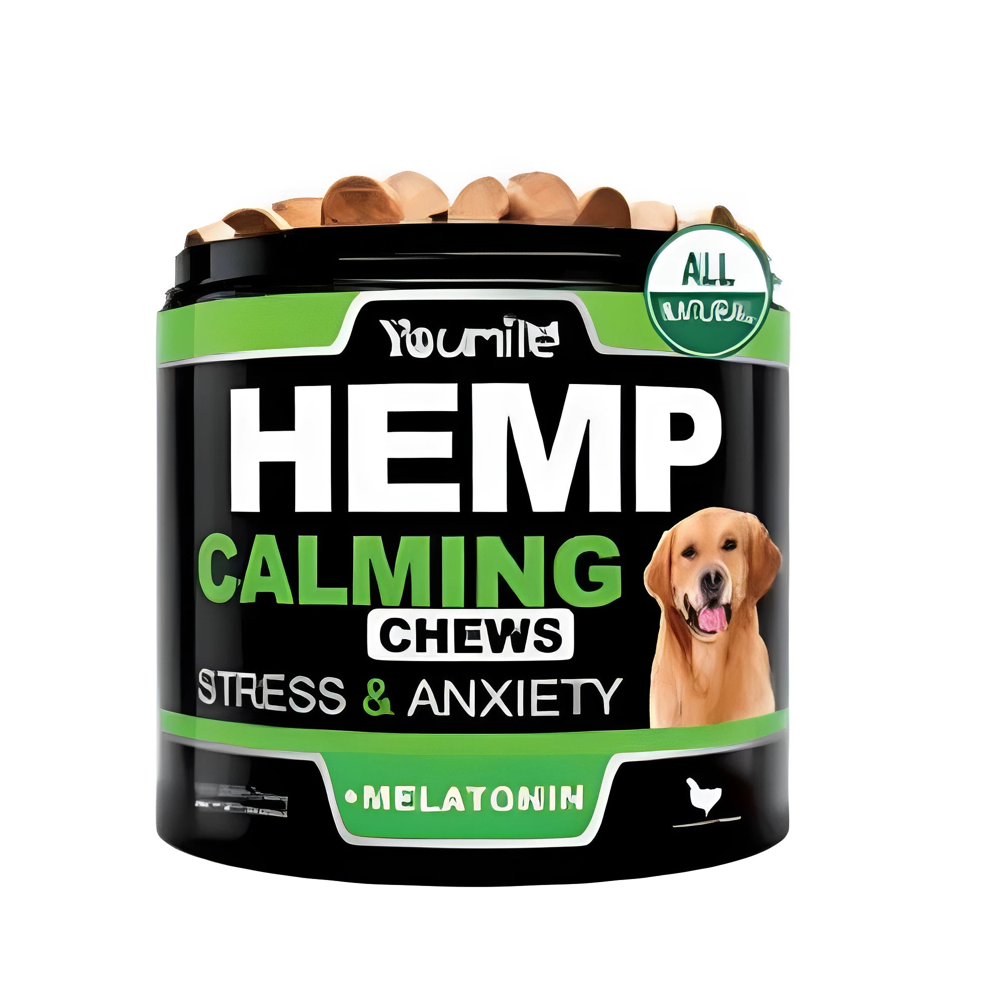 Bottle of chewable calmness and focus support supplement containing 120 capsules.