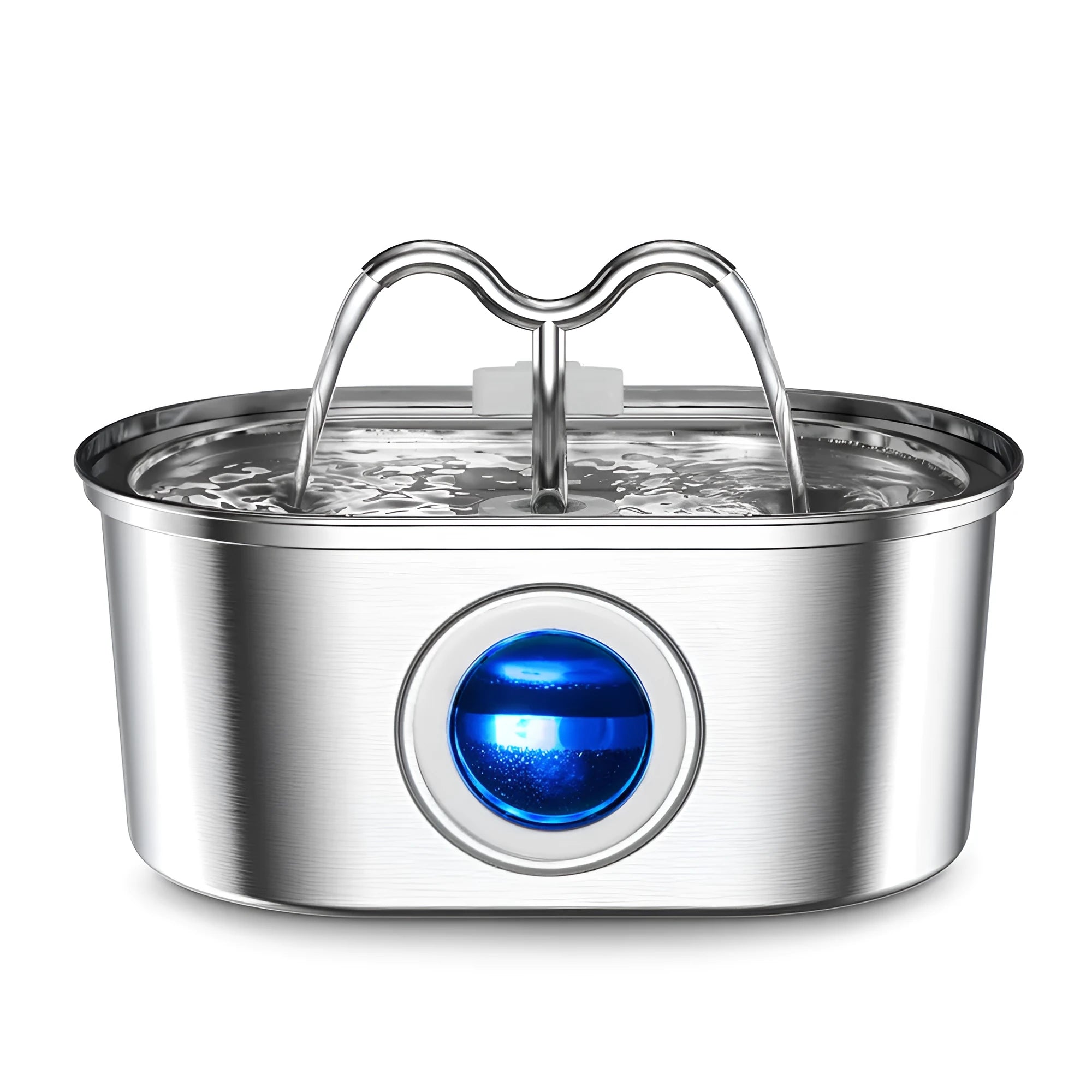 Stainless steel elliptical pet water fountain with detachable pump and filter on a floor