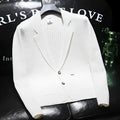 White men's slim-fit knitted V-neck casual suit jacket on a hanger.