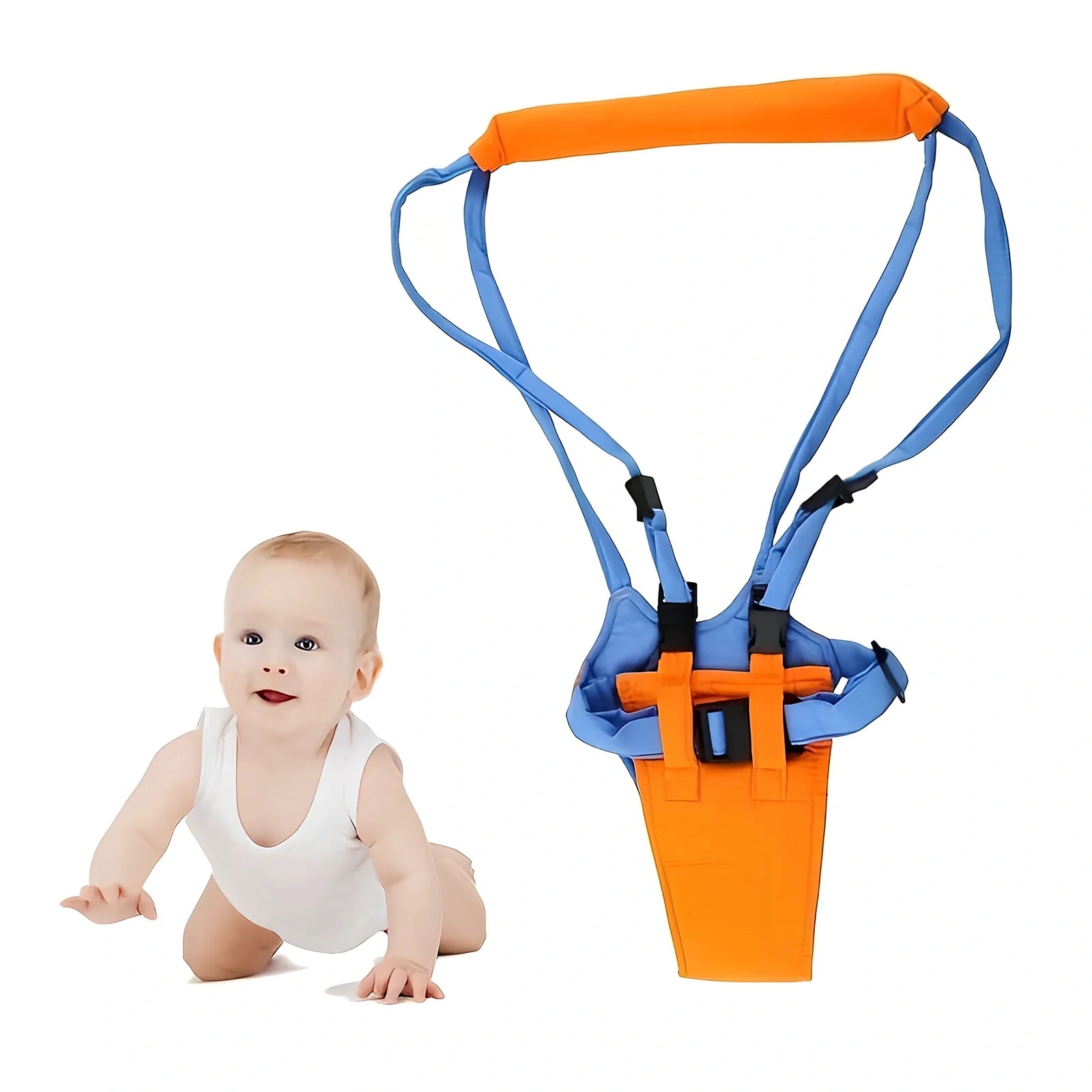 Orange and blue baby walking harness with adjustable strap and plastic safety locks for infants learning to walk