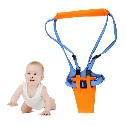 Orange and blue baby walking harness with adjustable strap and plastic safety locks for infants learning to walk