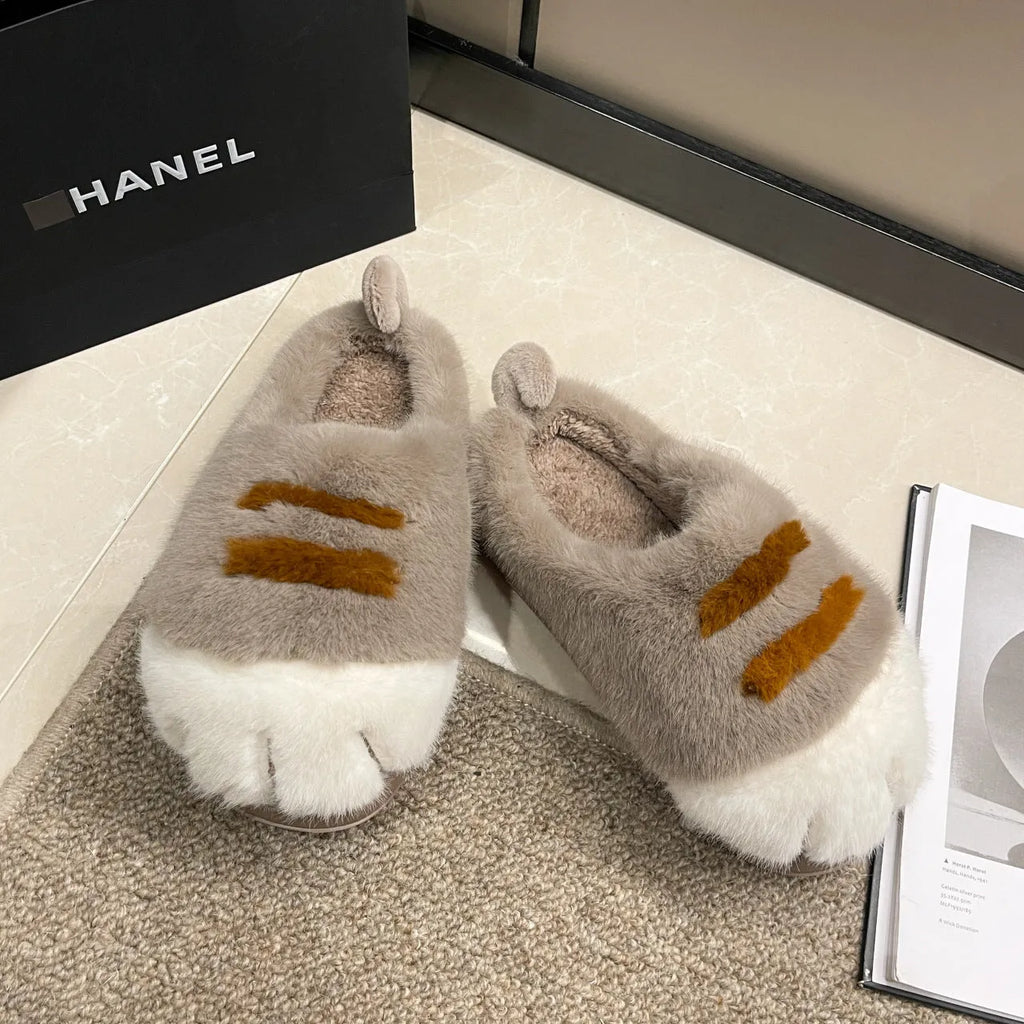 Women's fluffy fleece cartoon toe cover slippers in solid colour with rubber sole