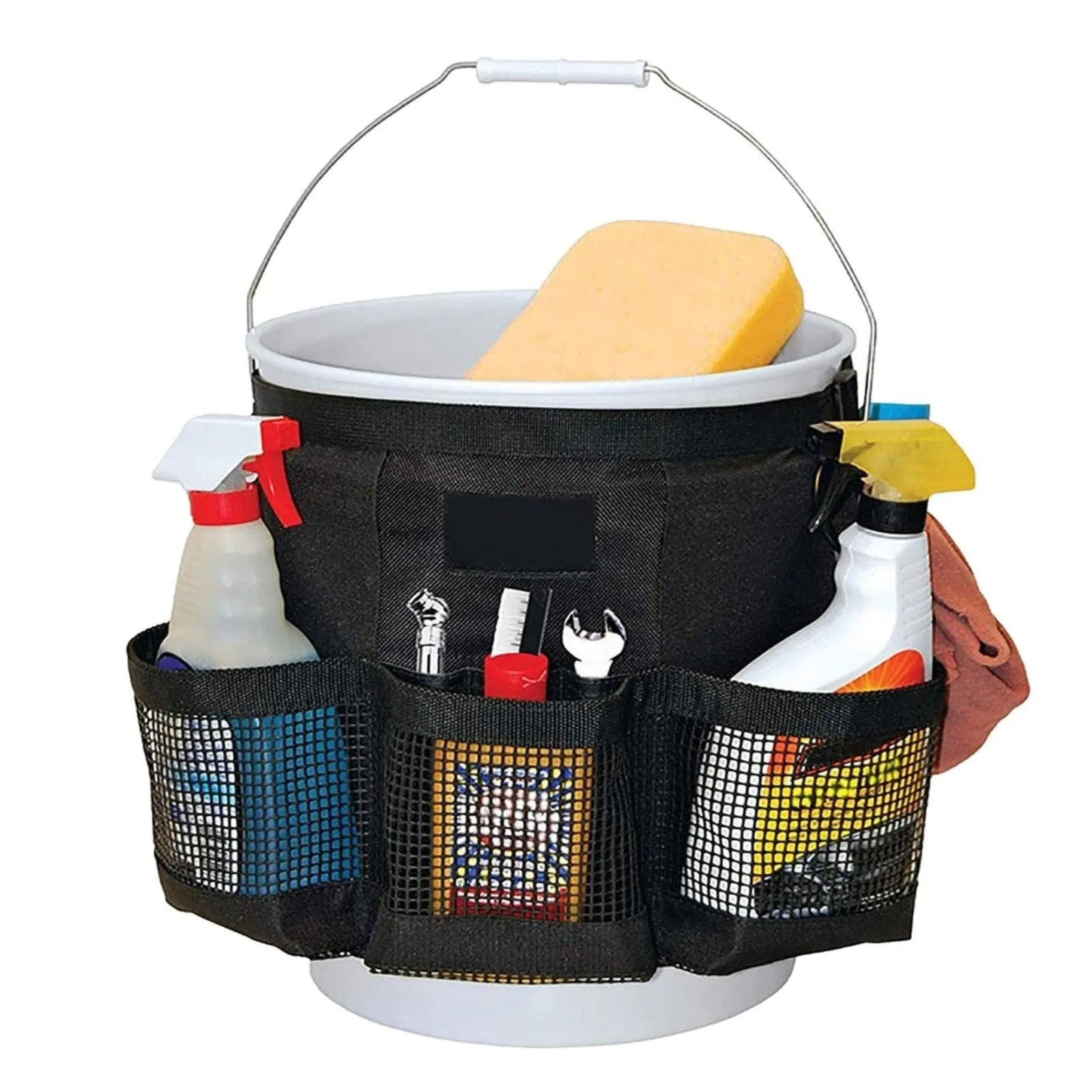 Black cylindrical polyester hanging storage bag designed to fit on a 5-gallon bucket for tool organisation.