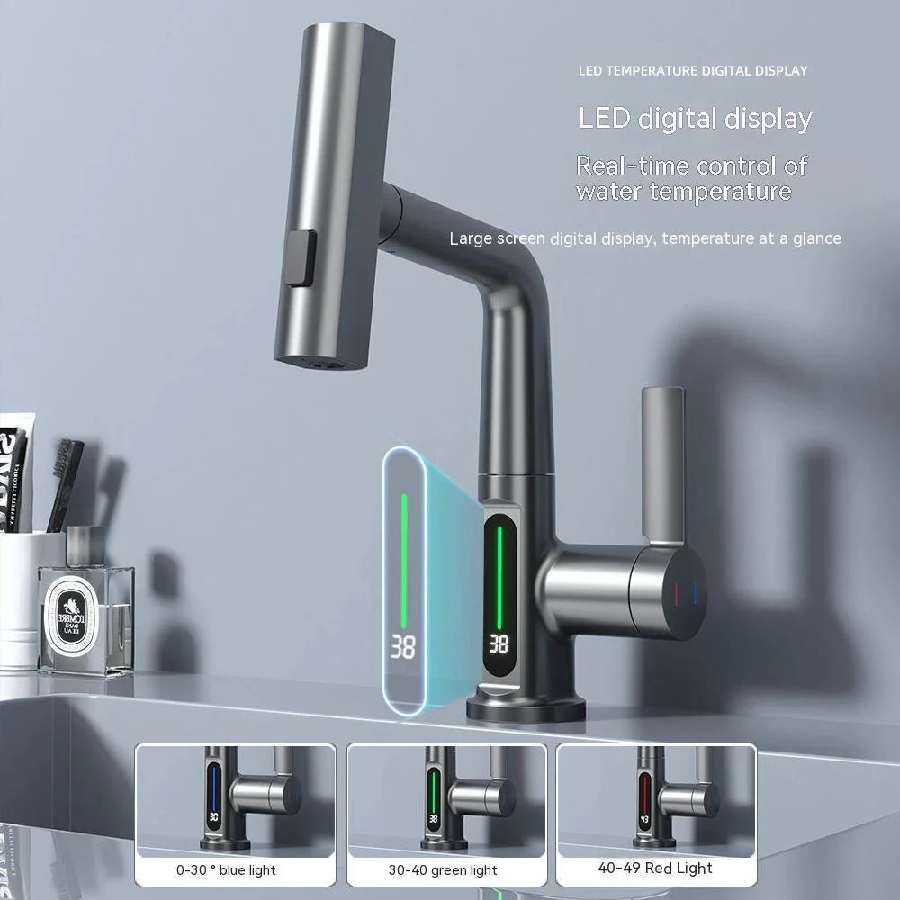 Sleek digital faucet with 360-degree swivel spout and LED temperature display for modern kitchen or bathroom