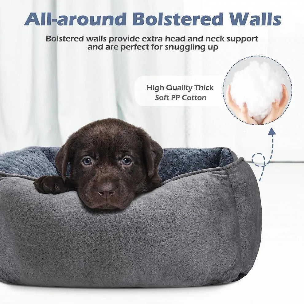 Grey stuffed fabric kennel dog bed for large dogs on a wooden floor