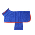 Dog bathrobe in blue with adjustable fastening on a small dog after a bath