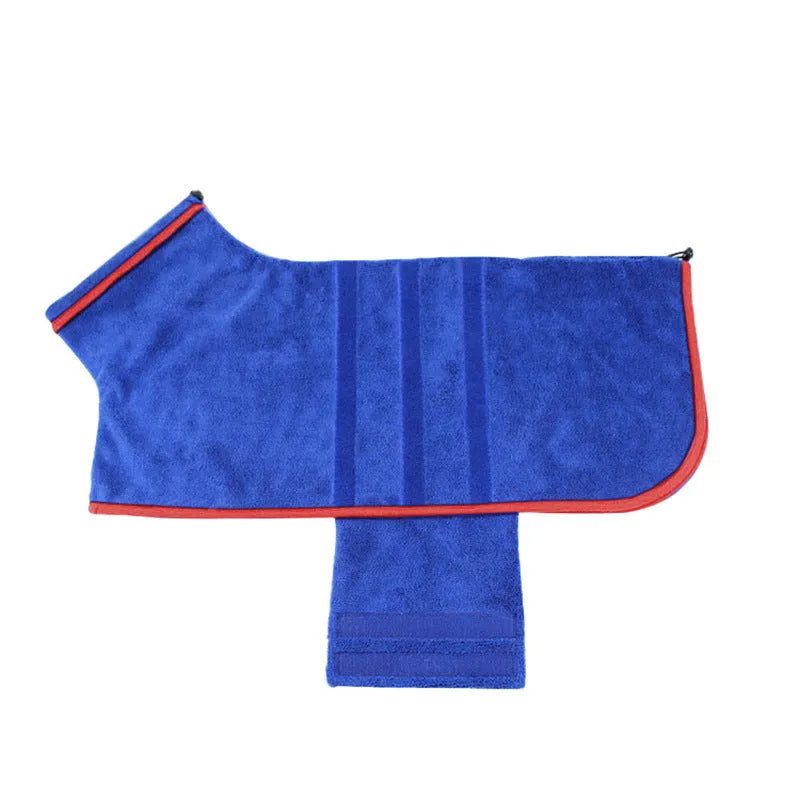 Dog bathrobe in blue with adjustable fastening on a small dog after a bath