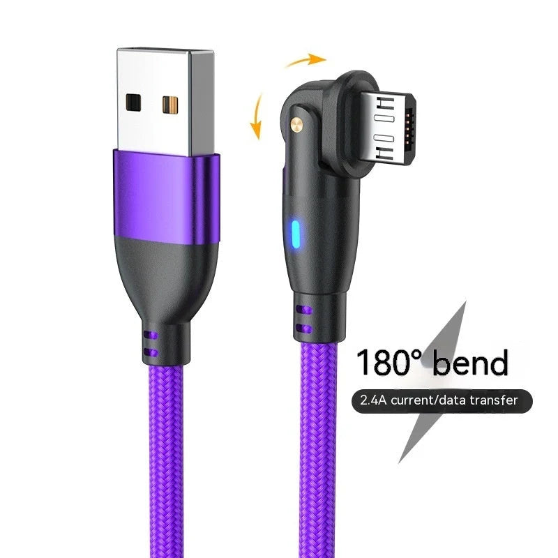 180-degree bendable fast charge data cable in black, red, and purple