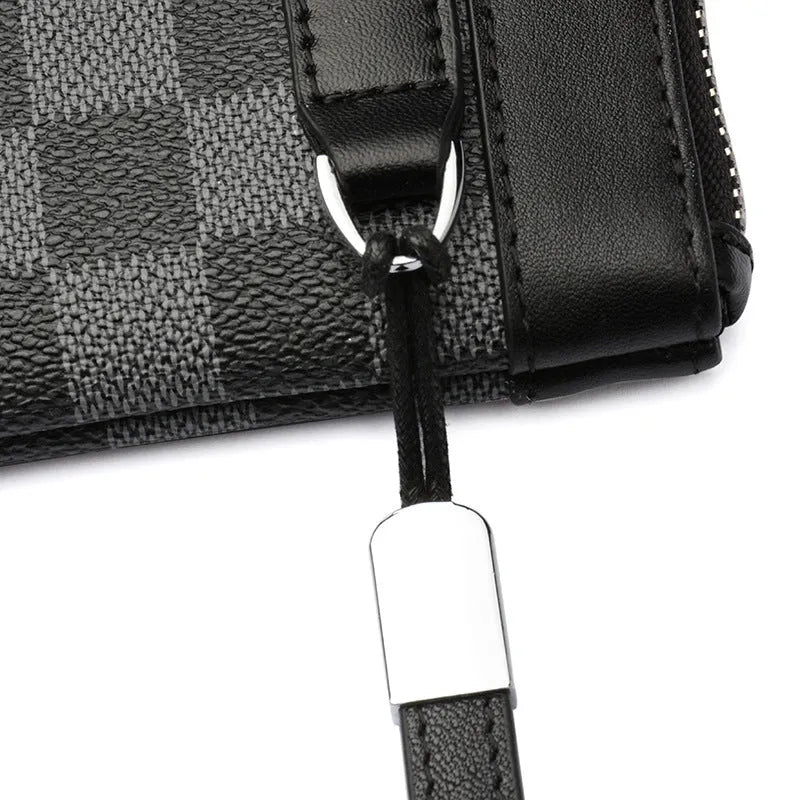 Black men's cowhide leather clutch wallet showing front view and open interior with polyester lining