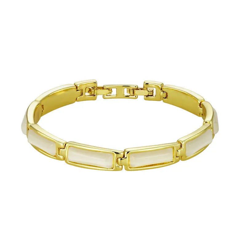 Geometric rose gold opal bracelet for women with quadrilateral alloy frame and gemstone inlay