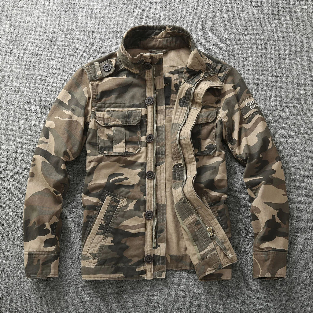 Autumn men's cotton camouflage work jacket in green camouflage, loose fit, front view